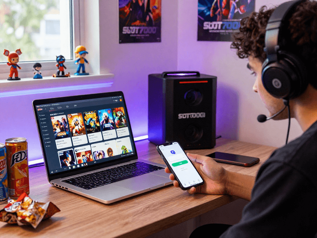 Menampilkan pengalaman berbelanja di SLOT7000, toko game digital online dengan gamer yang bersemangat.