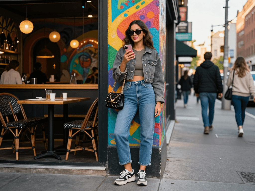 Gái gọi nổi bật trong phong cách đường phố, tươi cười bên quán café sôi động.