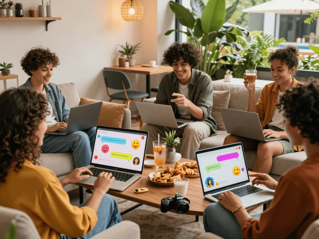 Engaging spicy chat scene showing friends chatting online in vibrant settings with devices and lively emojis.