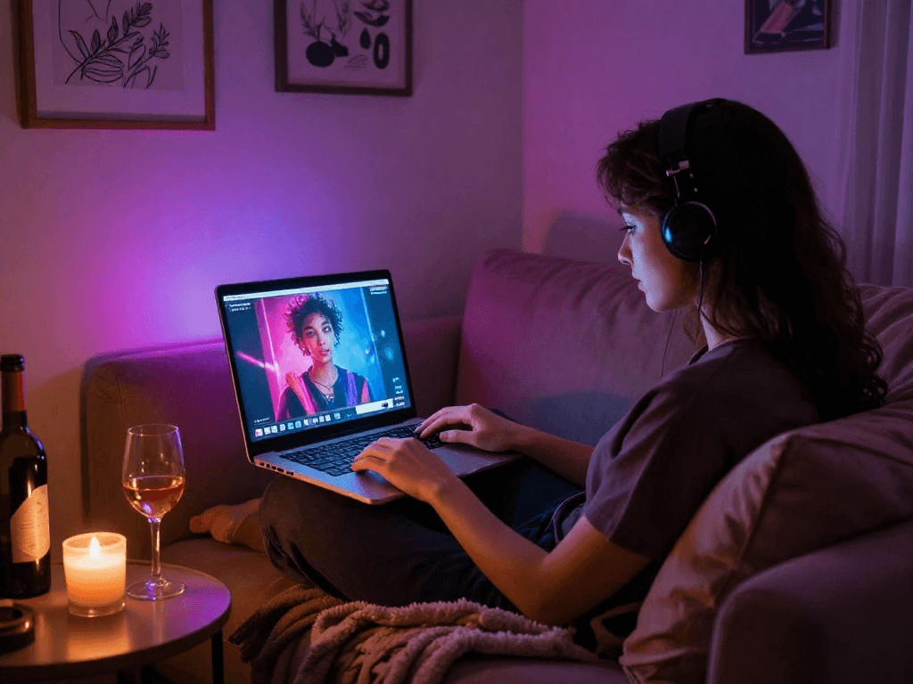 Engaging porn ai chat scene featuring a cozy room with a laptop, colorful lights, and intimate decor.