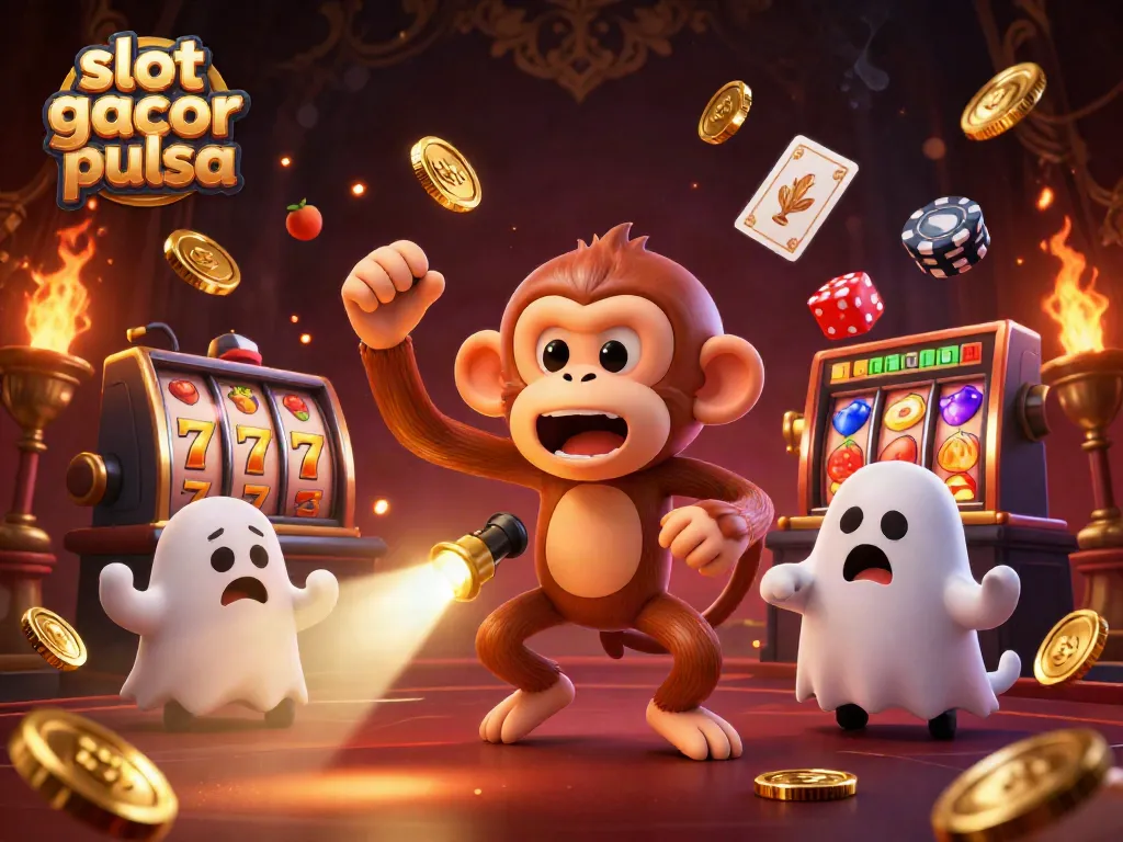 Engage in thrilling slot gacor pulsa action with a ghostly monkey and curious puppy in a haunting casino scene.