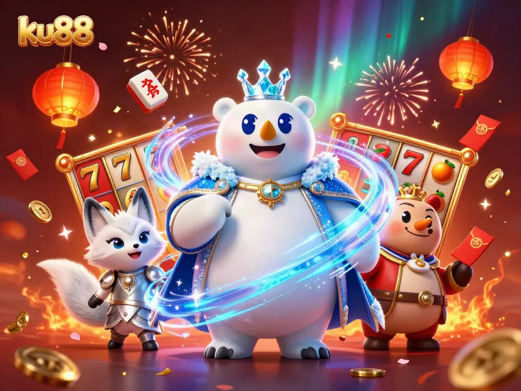 Experience the excitement of ku88 casino gaming with vibrant slot reels and festive elements.