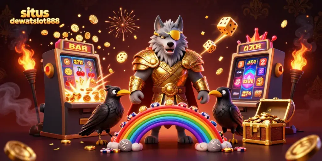 Memainkan permainan slot berkualitas tinggi di situs dewataslot888 dengan karakter mitologi dan elemen kasino.