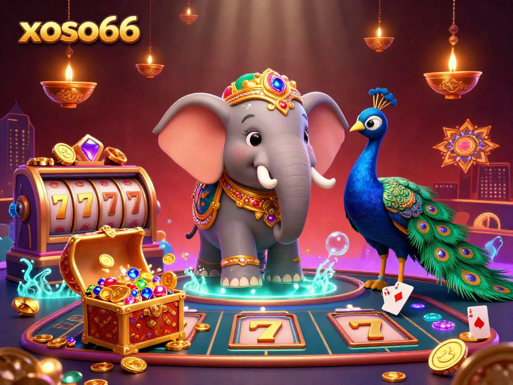 Xoso66 promotions burst with excitement as a colorful Diwali-themed elephant and peacock shine in this vibrant casino scene.