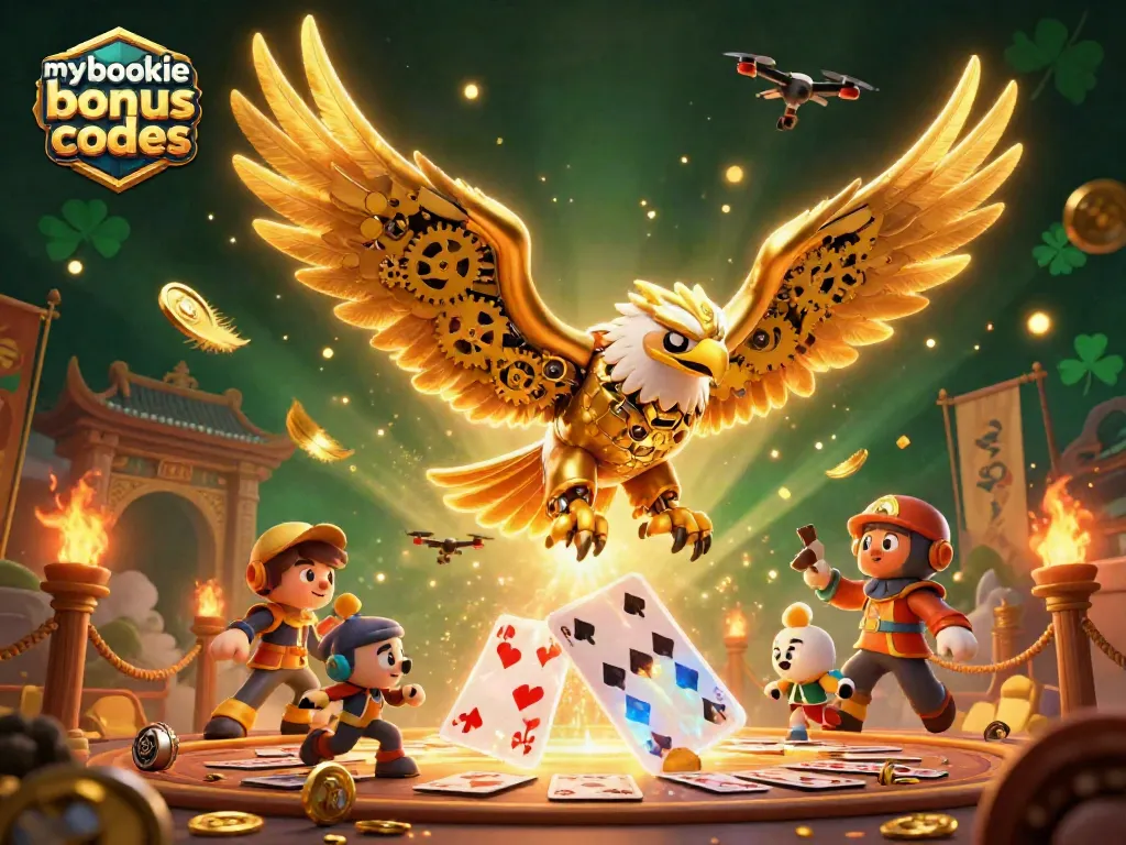 Claim mybookie bonus codes and win big with a cybernetic eagle soaring through casino action.
