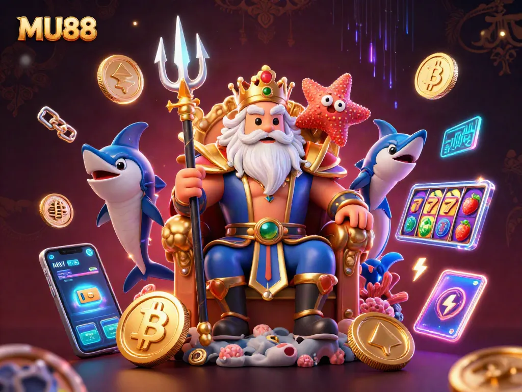 Experience MU88 with this vibrant casino-themed illustration showcasing Neptune and exciting game elements.