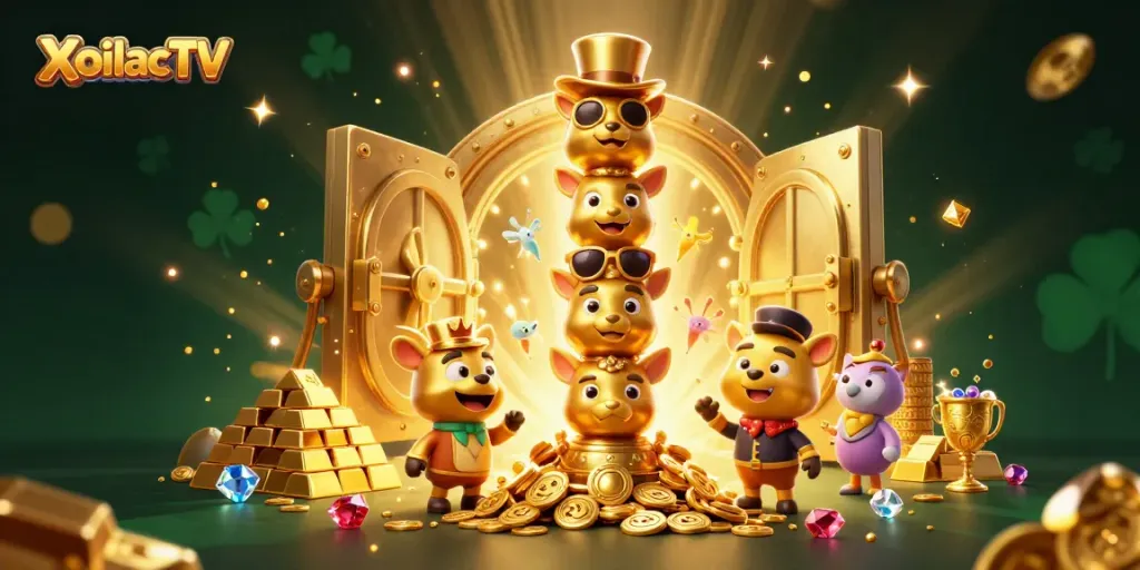 XoilacTV showcases a lively 3D casino scene filled with animated characters and abundant treasures.