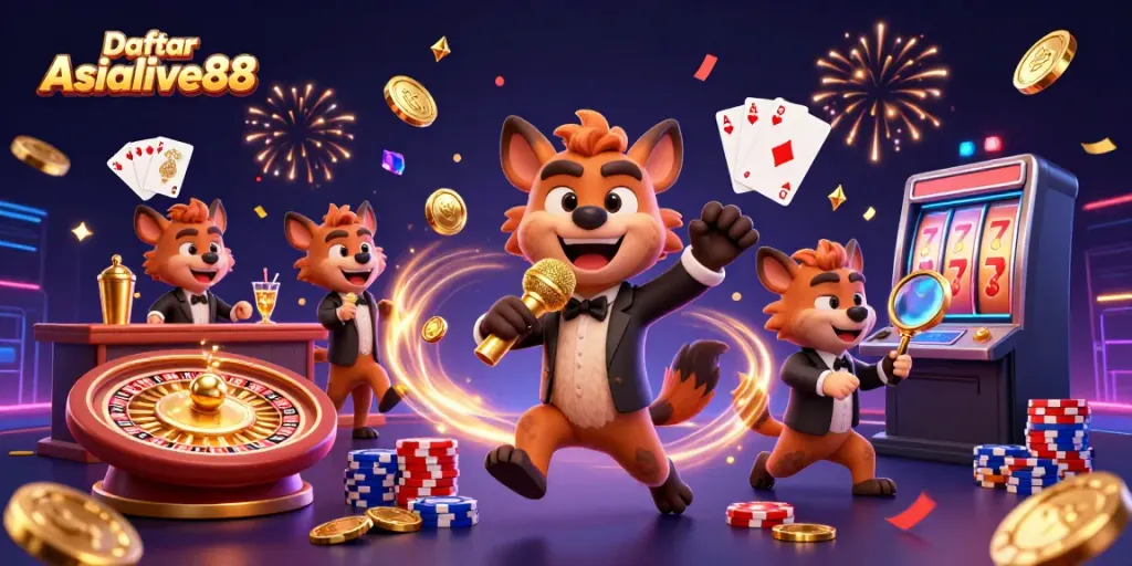 Join the fun at Daftar Asialive88 with our lively casino scene featuring games and characters!