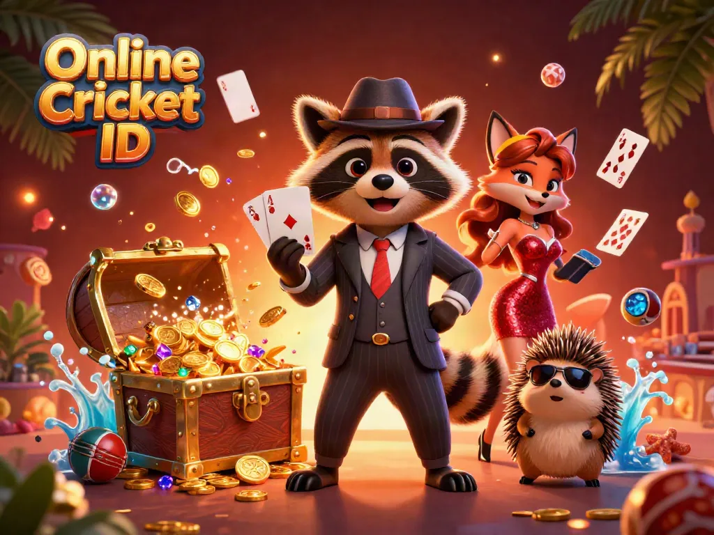Experience thrilling Online Cricket ID betting with a suave raccoon character, colorful gems, and dynamic betting elements.