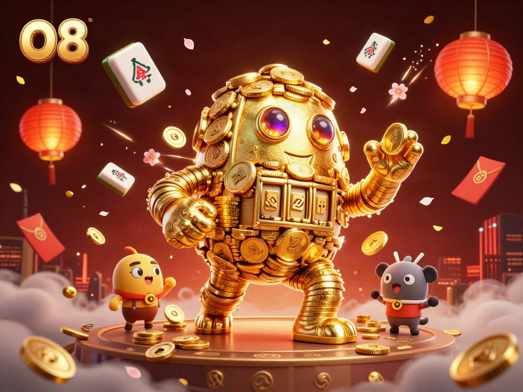 Spin into winning moments with O8's vibrant casino-themed 3D illustration featuring a golden golem.