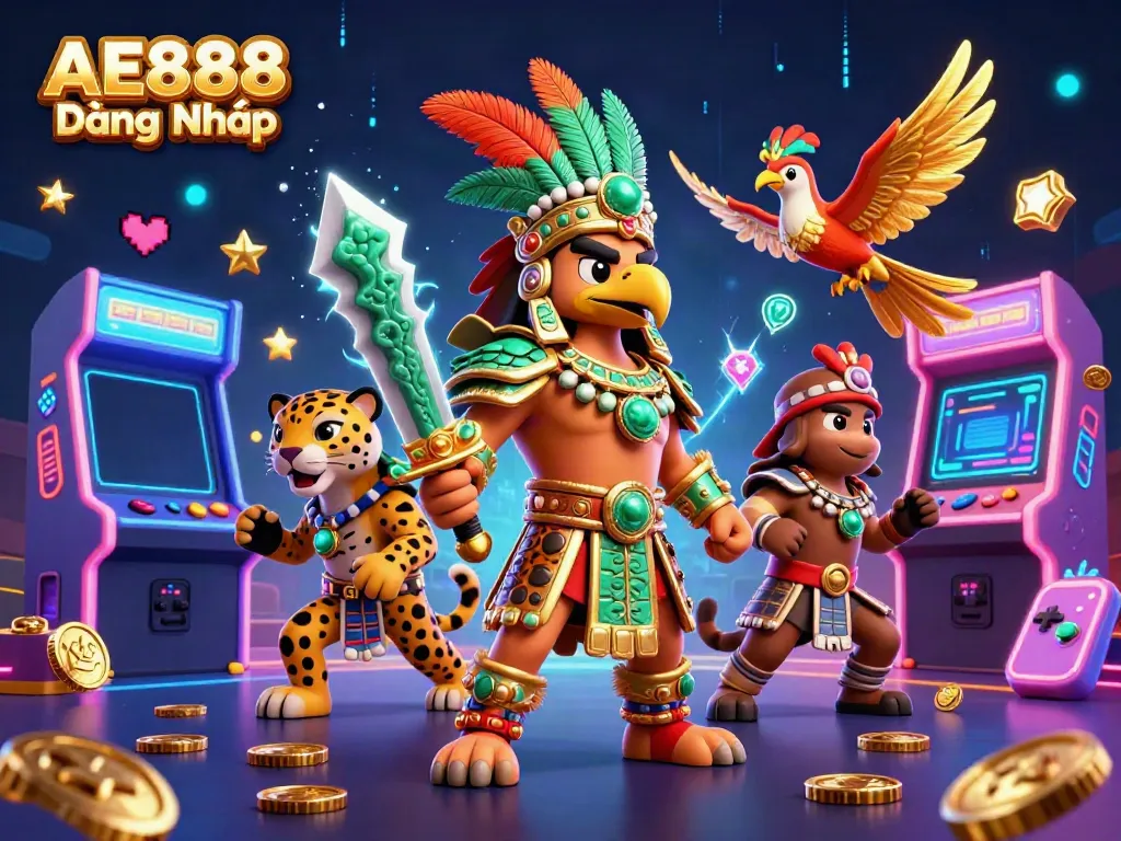 Join the action with AE888 Đăng Nhập featuring an Aztec warrior and gaming elements exploding with energy.