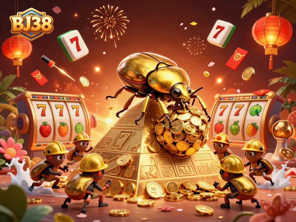 Engage with the vibrant casino world as the BJ38 beetles roll gold coins, enhancing your game luck.