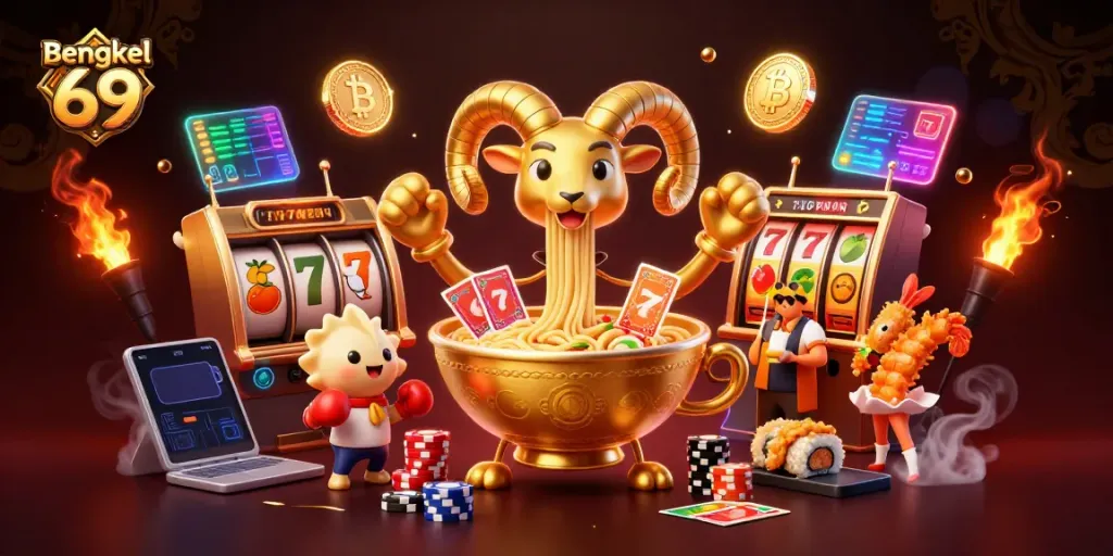Bengkel 69 showcases a vibrant 3D casino scene featuring slot reels, a ramen bowl dealer, and cryptocurrency elements.