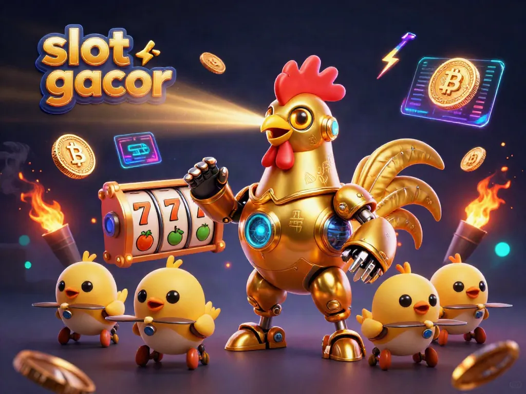 Engage in the thrilling slot gacor action, featuring a golden rooster robot and dynamic gaming elements.