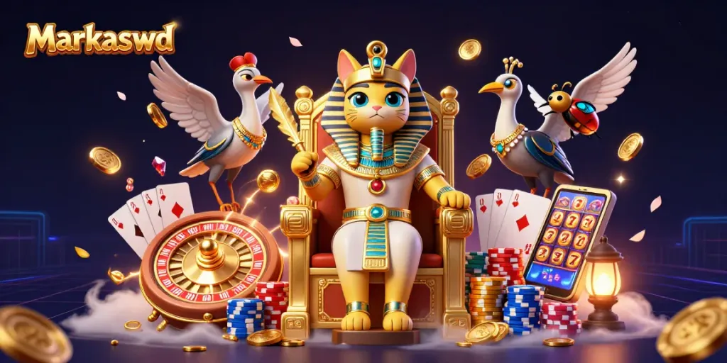 Markaswd showcases an enchanting 3D scene of a pharaoh cat amidst casino magic and glorious wins.