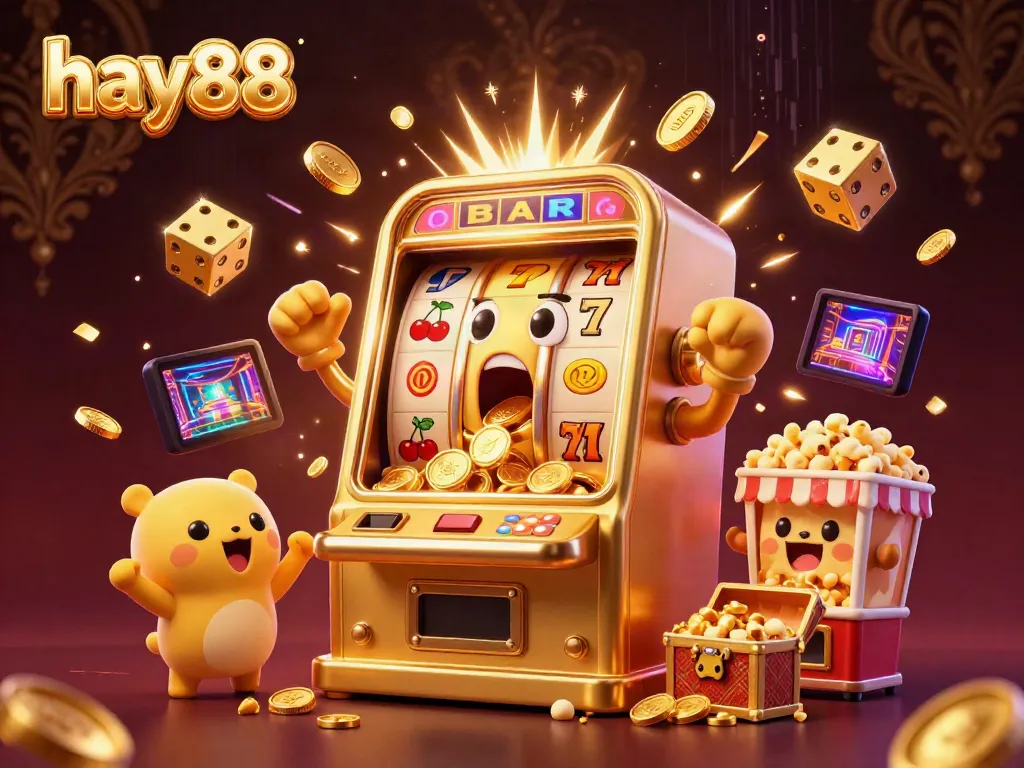 Experience the excitement with hay88's vibrant jackpot scene featuring cheerful cartoon slot machines and coins bursting forth.