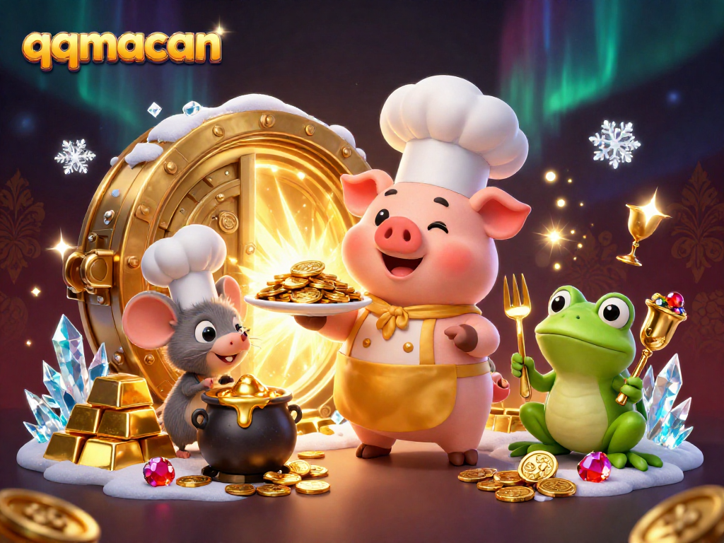 qqmacan showcases a 3D illustration featuring a chef pig serving gold coins in a dynamic casino-themed scene.