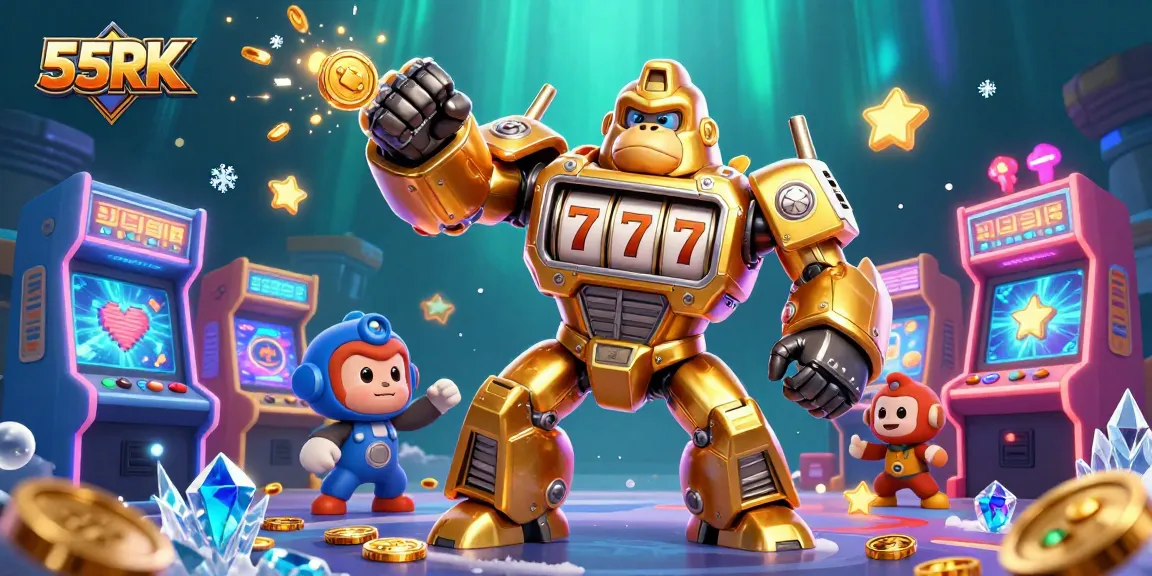 Experience the thrill of 55RK with a dynamic golden gorilla mech and vibrant gaming elements.