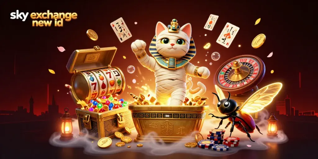 Place bets with your sky exchange new id in this vibrant casino illustration featuring a mummy cat and slot machines.