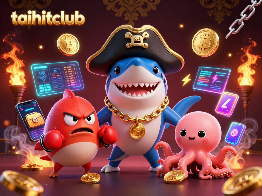 Taihitclub showcases a lively 3D casino scene featuring a shark captain with Bitcoin and Ethereum coins.