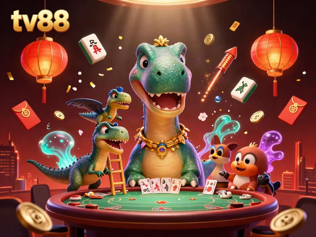 Experience thrilling gameplay at tv88 with a vivid 3D brontosaurus and raptor dealer in a lively casino scene.