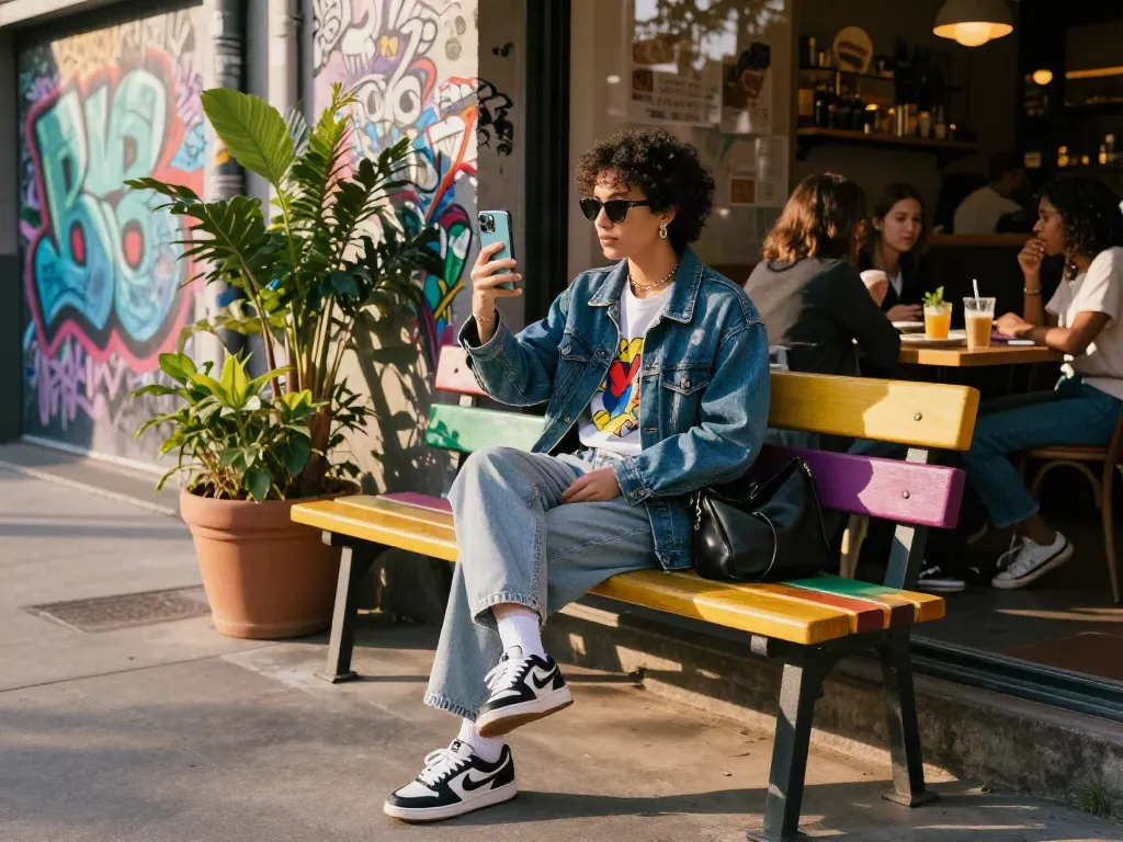 Trendy influencer in urban setting engaging followers, peh888 lifestyle.