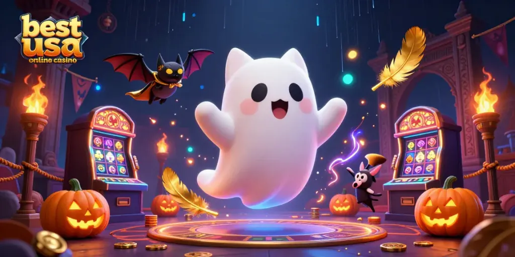Play slots at the best USA online casino, featuring a ghost cat in a haunted mansion atmosphere.