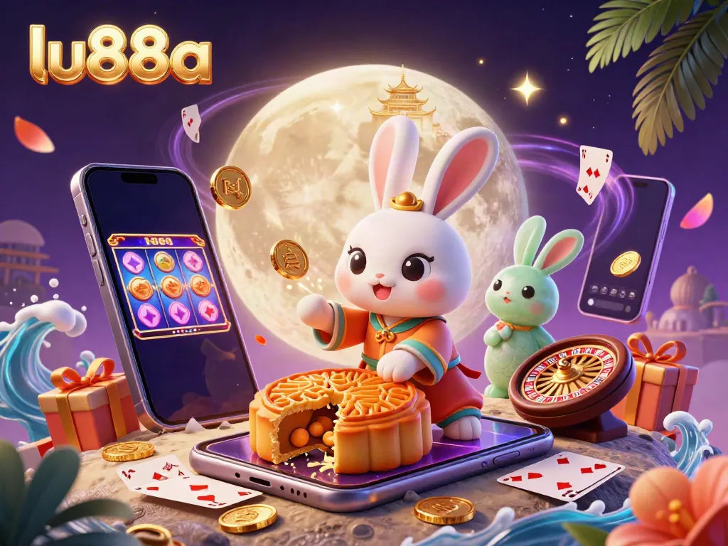 Experience the excitement of lu88a with a cartoon moon rabbit highlighting casino fun, surrounded by vibrant gaming elements.