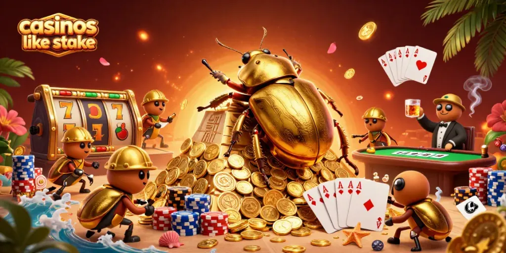 Engage in the excitement of casinos like Stake, with golden beetles collecting coins in a vibrant casino adventure.