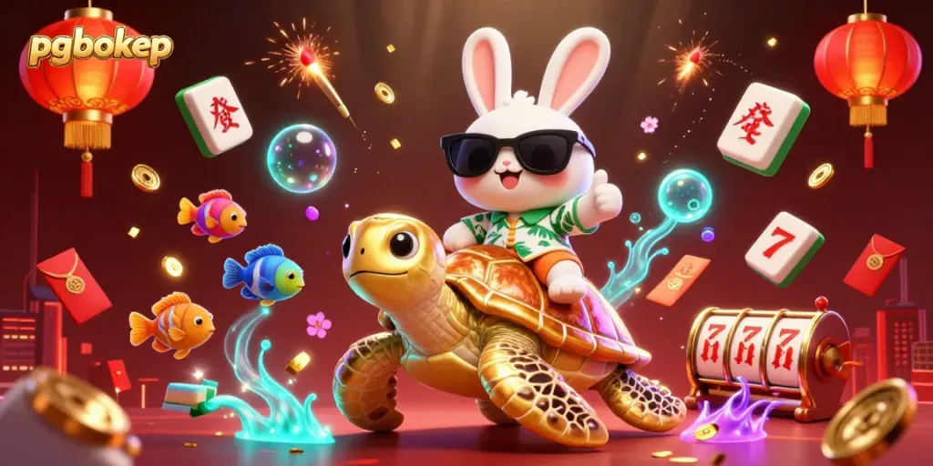 Engage with pgbokep's vibrant casino experience featuring a lucky rabbit and golden sea turtle.
