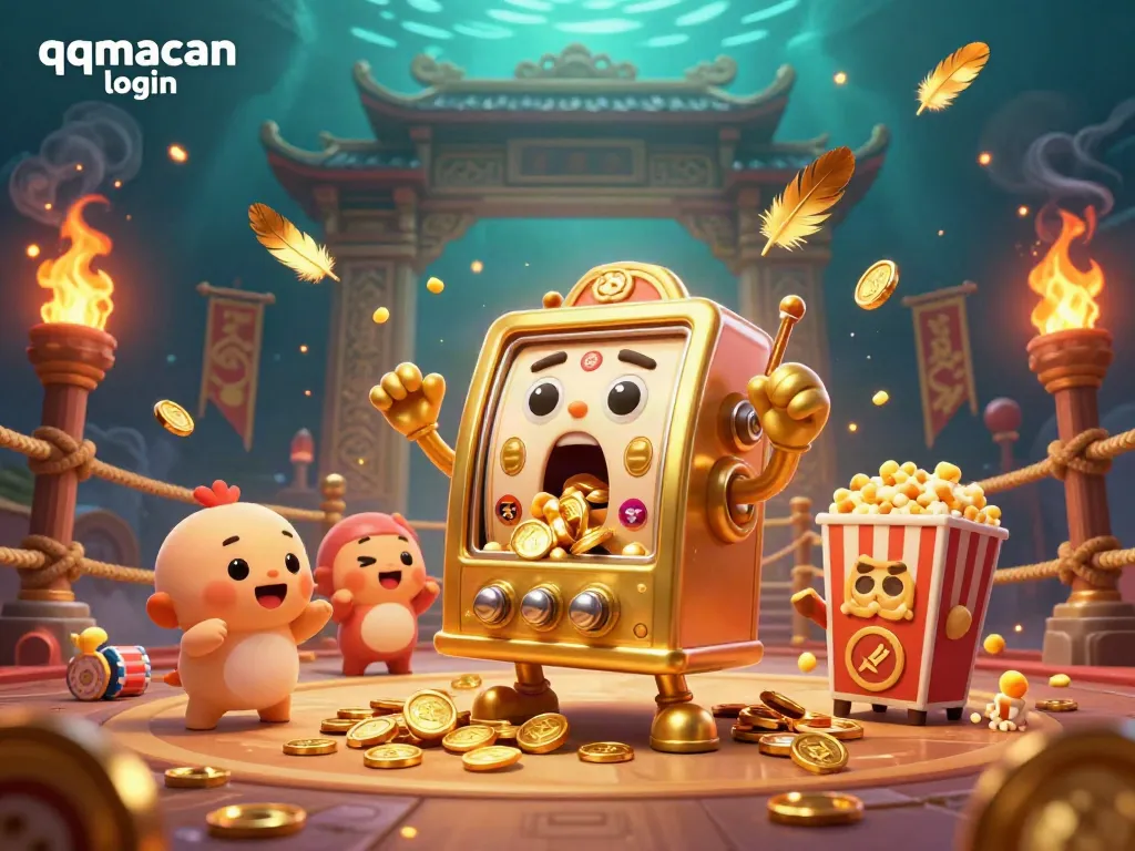 Experience the thrill of qqmacan login as golden coins pour from a jubilant slot machine in this vibrant gaming scene.