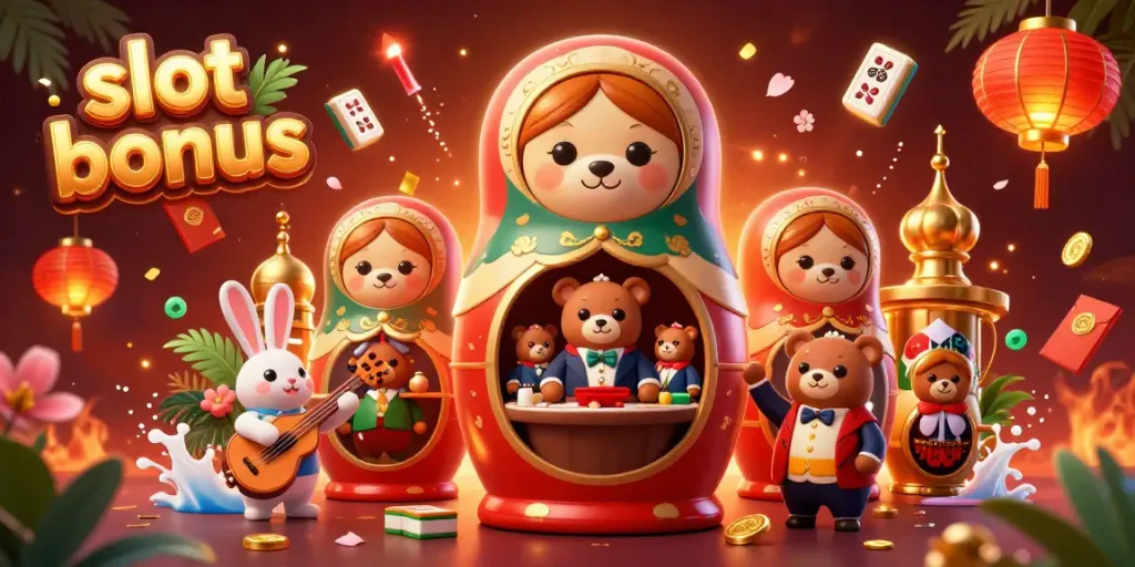 Experience dynamic excitement with the slot bonus as cartoon bears and a rabbit celebrate amidst festive casino symbols.