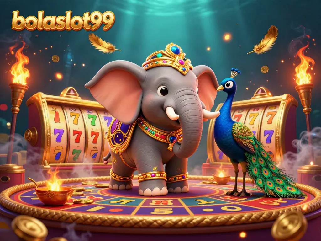 Engage with bolaslot99 in a vibrant casino scene featuring a Diwali-themed elephant and peacock.