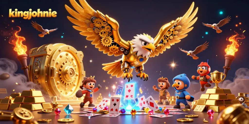 Engage with kingjohnnie's dynamic gaming scene featuring a flying golden eagle amidst cascading cards and treasures.