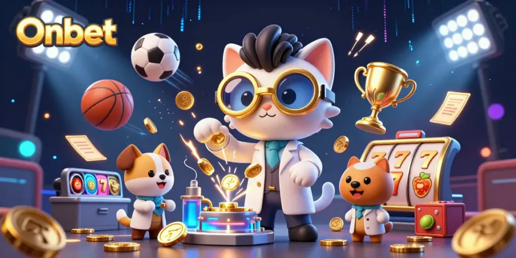 Onbet showcases an exciting casino environment with a mad scientist cat creating gold, surrounded by sports elements and vibrant energy.