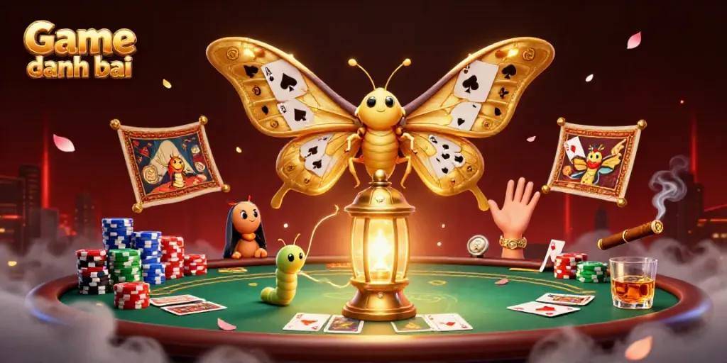 Engage with Game danh bai through a stunning casino scene featuring a mystical moth and vibrant poker elements.