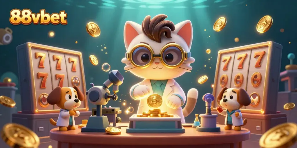 Immerse in the 88vbet casino adventure with a mad scientist cat creating gold coins, surrounded by spinning slot machines.