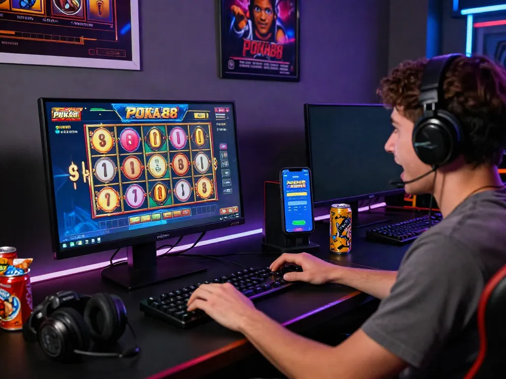 Engaged player enjoying POKA88 online slots on a modern gaming setup, showcasing link poka88 excitement.