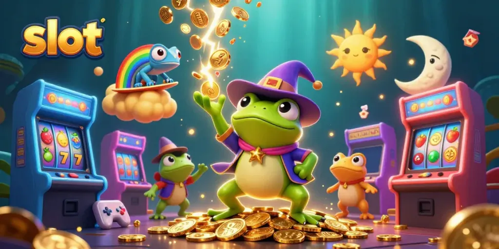 Spin the reels with vibrant slots featuring golden coins and playful characters in a lively casino scene.