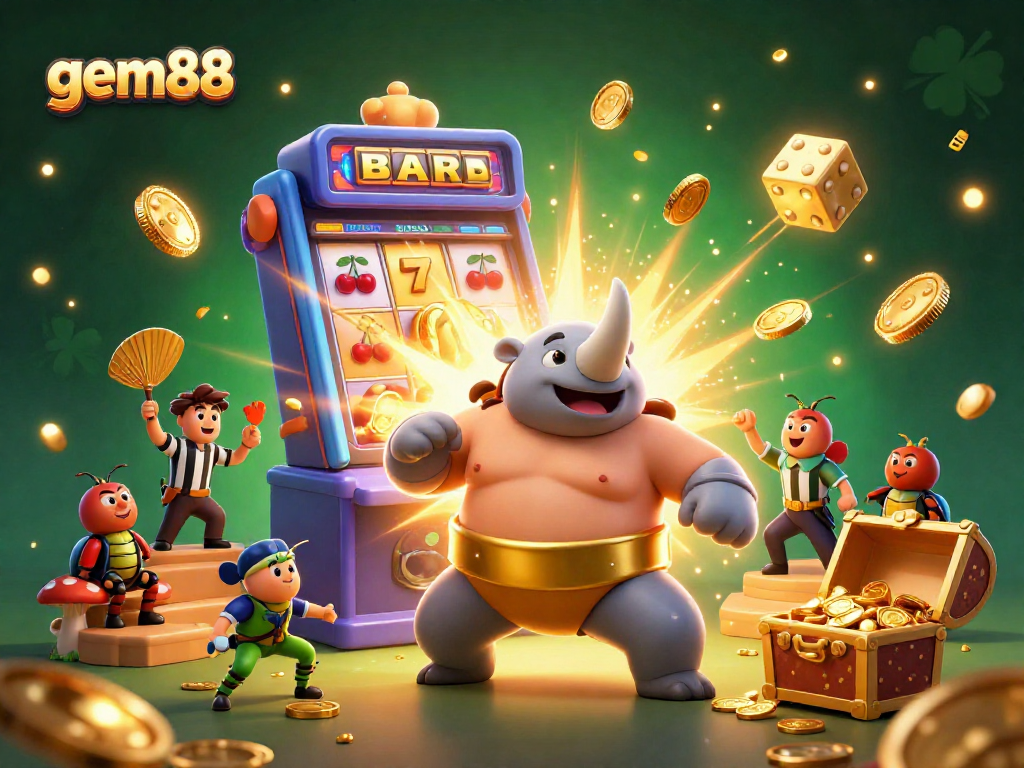 gem88 players enjoy exciting slots as a rhinoceros beetle sumo champion celebrates a jackpot