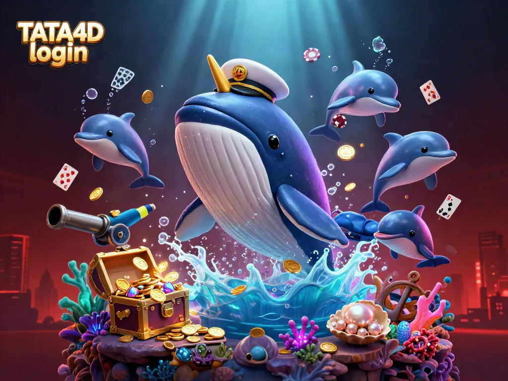 TATA4D login: Join the fun with giant whale captain, narwhal, and dolphins in this vibrant casino scene.