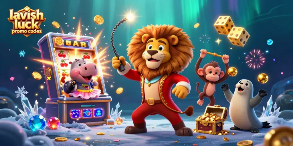 Spin jackpots and win big with lavish luck promo codes in a lively casino scene full of fun characters.