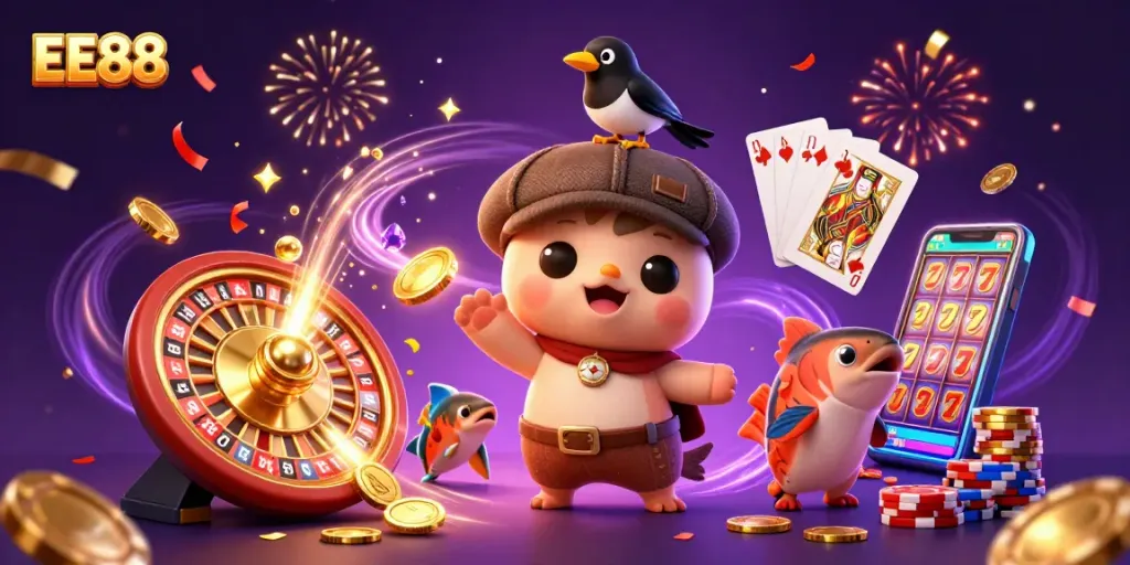 EE88 showcases a vibrant gaming scene with cute characters and casino elements like roulette and coins.