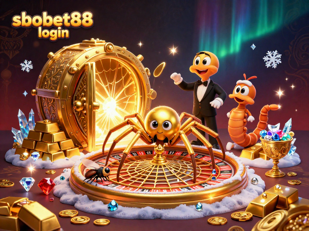 Experience sbobet88 login with a dynamic scene of gambling excitement featuring vibrant 3D characters and rich gold elements.
