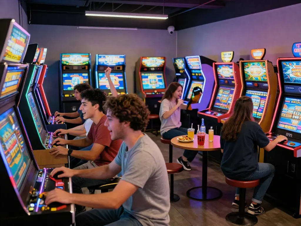 Suasana dinamis ROYAL288 dengan orang bermain mesin slot dan permainan arcade.