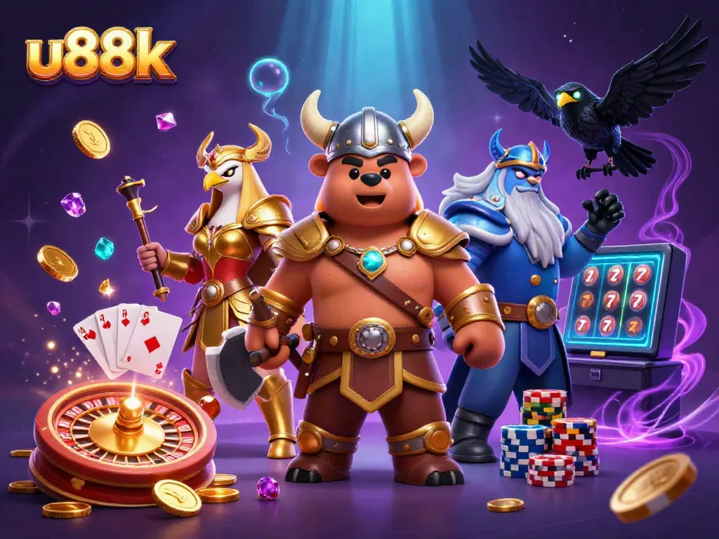 Engage with u88k's vibrant 3D casino adventure featuring slots, dice, and playful characters.