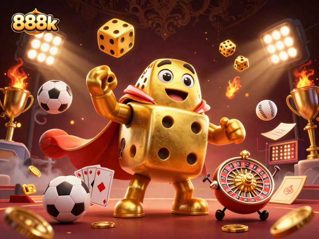 Engage with 888k casino excitement featuring a massive golden dice golem juggling winnings.