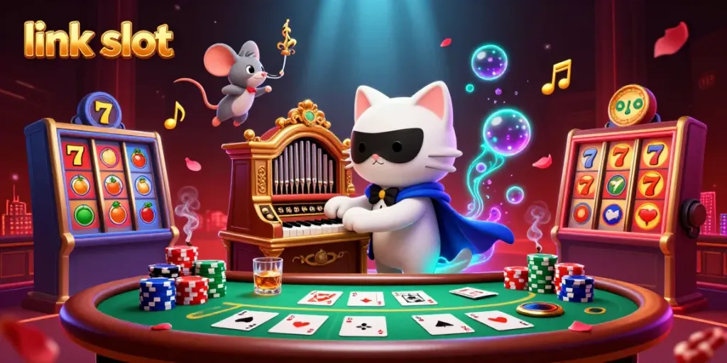 Engage in thrilling gameplay with the link slot illustration showcasing a phantom cat and vibrant casino elements.