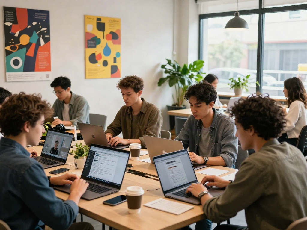 Job seekers collaborating and searching for หางาน in an inviting co-working space.