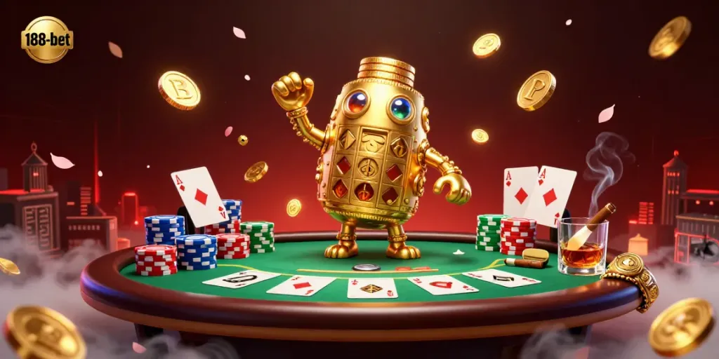 Experience thrilling gaming surprises at 188-bet with a whimsical golden golem and vibrant poker elements.